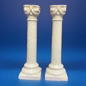 Pair of Antique Creamware Pottery Creamware Corinthian Column 8" Candlesticks